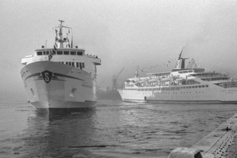 Historic black and white picture of Stena Britannica and Stena Germanica
