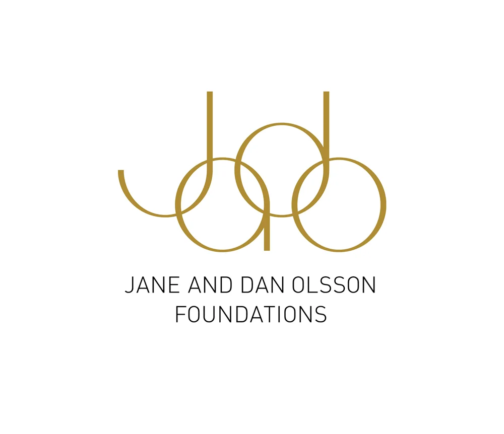Logotype with interlocking gold letters above the text “Jane and Dan Olsson Foundations”.